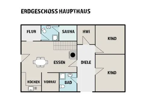Grundriss Erdgeschoss Haupthaus mit Essen, Küche, Sauna, Bad und zwei Kinderzimmern