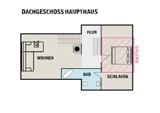 Grundriss Dachgeschoss Haupthaus mit Wohnen, Schlafen, Galerie und Bad