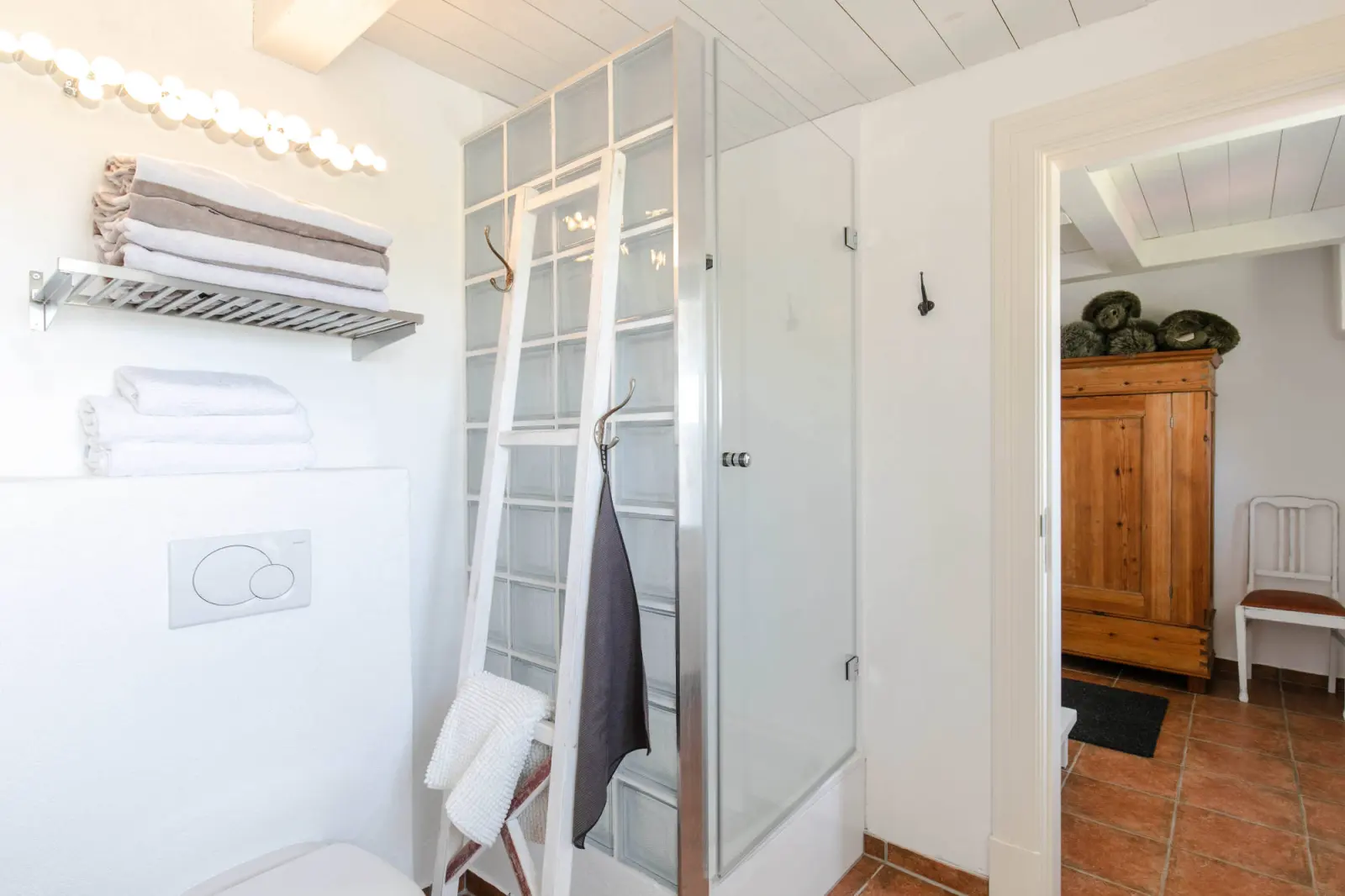 Badezimmer mit Dusche, Glaswand, Handtuchleiter und Blick auf Holzschrank