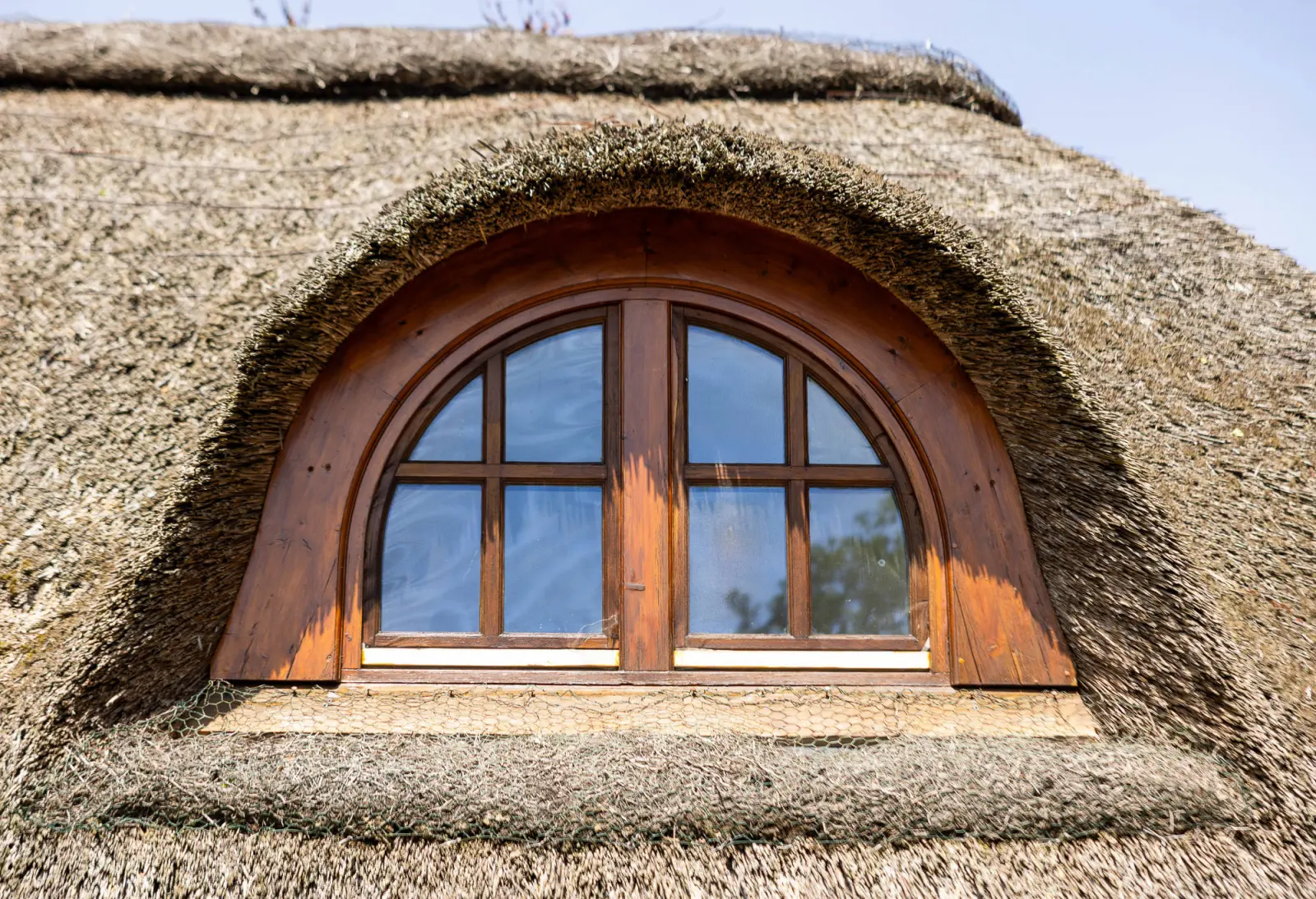 Reetdach-Gaube mit Rundbogenfenster in Nahansicht