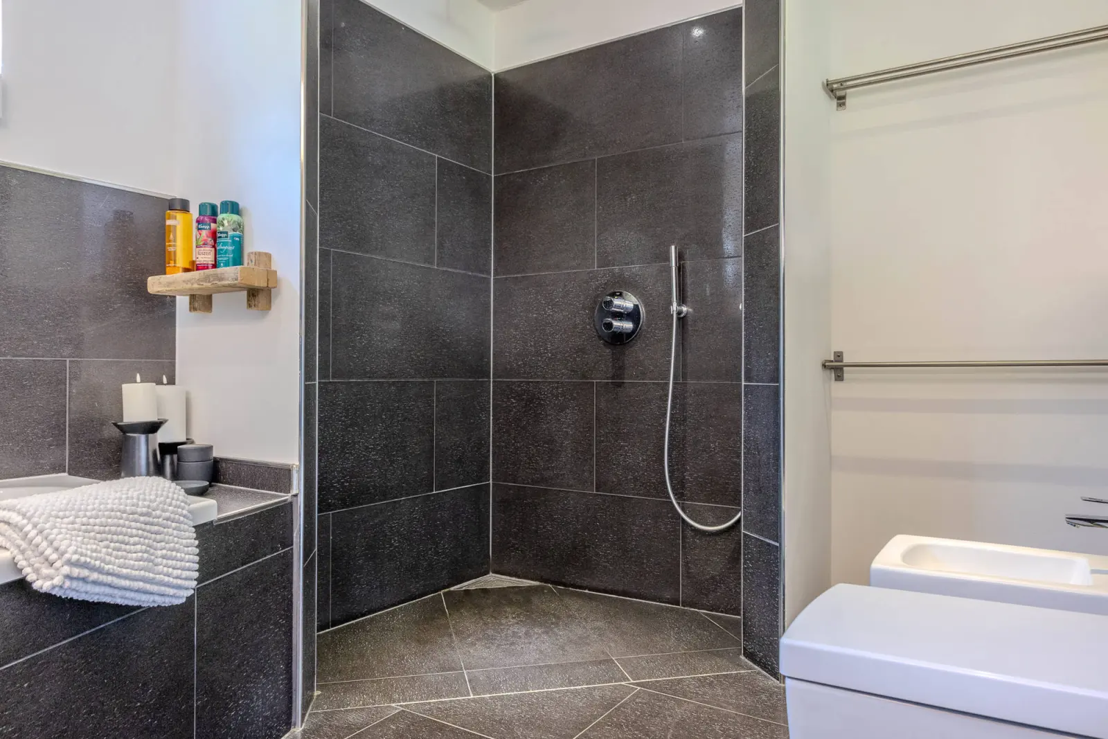 Bodengleiche Dusche mit Handbrause und dunklen Fliesen, Wand-WC