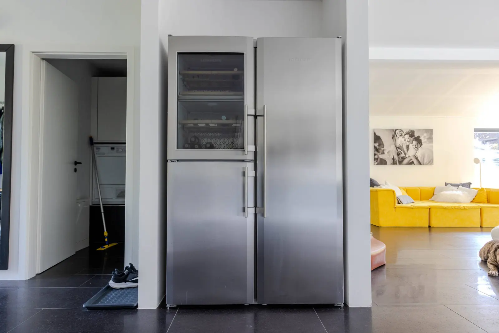 Flur mit Side-by-Side-Kühlschrank und Blick in den Wohnraum